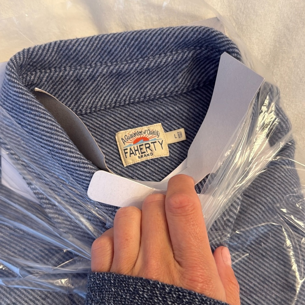 New faherty brand super soft knit button up denim blue stripe